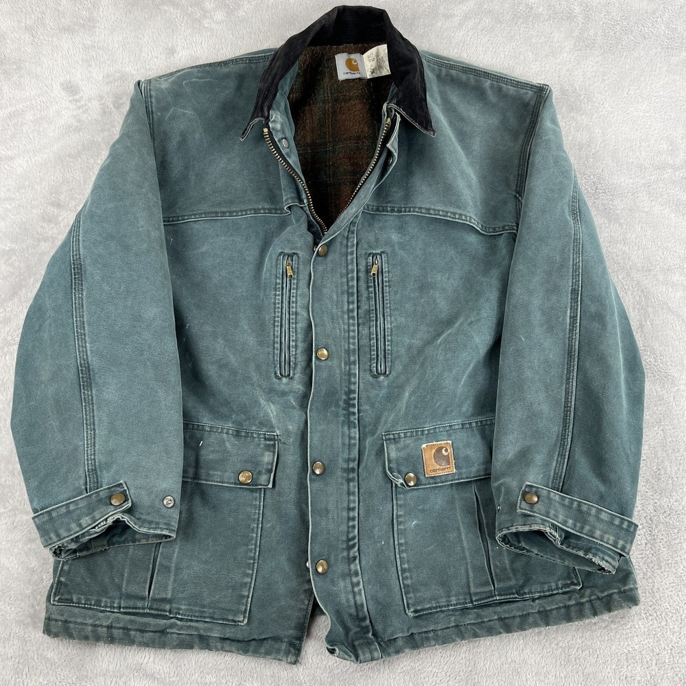 Vtg Carhartt C10 HTG Blanket Lined Chore Coat L Green Duck Canvas USA Made Men
